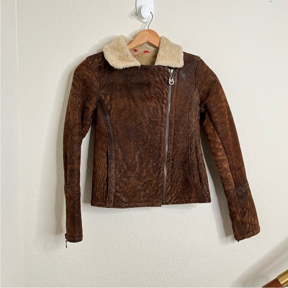 Doma brown leather aviator distressed jacket
